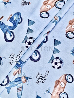 Mercerised Cotton Satin printed car motorcycle and airplane blue