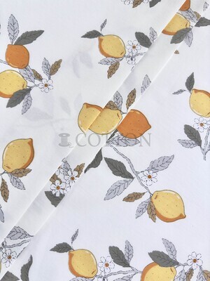 Mercerised Cotton Satin printed  lemon with grey leaves milky