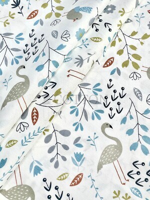 Mercerised Cotton Satin printed birds and floral white