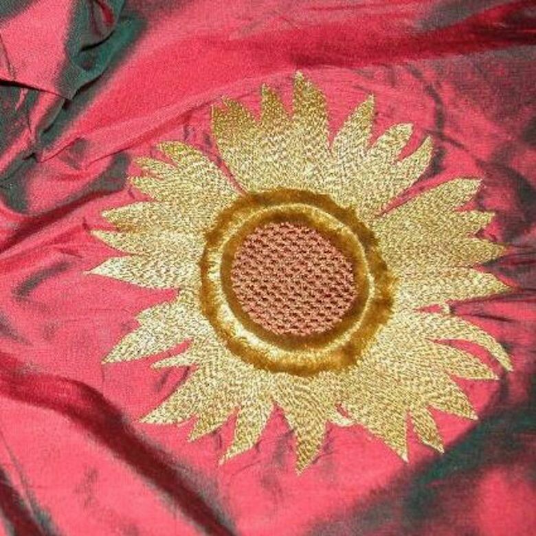 9+ yards Unique Embroidered &amp; Appliqued Sunflowers 100% Silk Designer Fabric