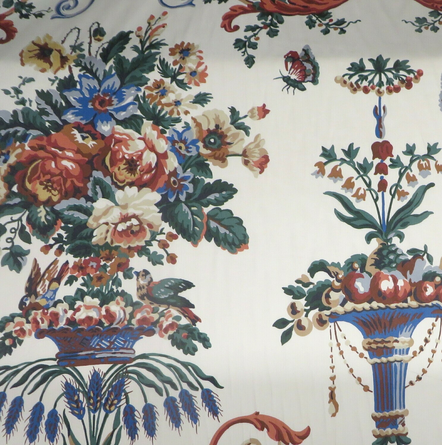 J H Thorp Handprinted French Fruit Floral Birds Swags 100% Cotton Print Fabric