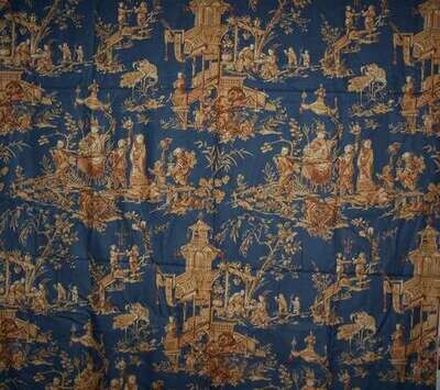 7 3/8 yd Greeff Schumacher Blue Gold Chinoiserie 100% Cotton Fabric