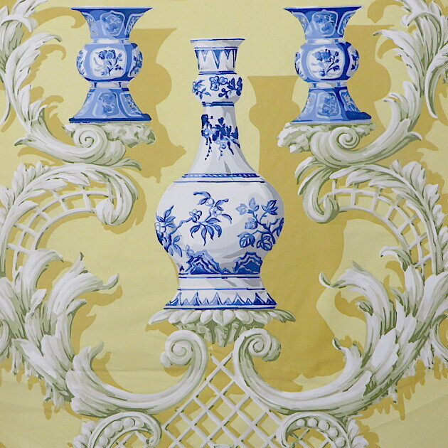 5 3/8 yards Rare Greeff Chinese Vases Yellow Blue &amp; White 100% Cotton Print