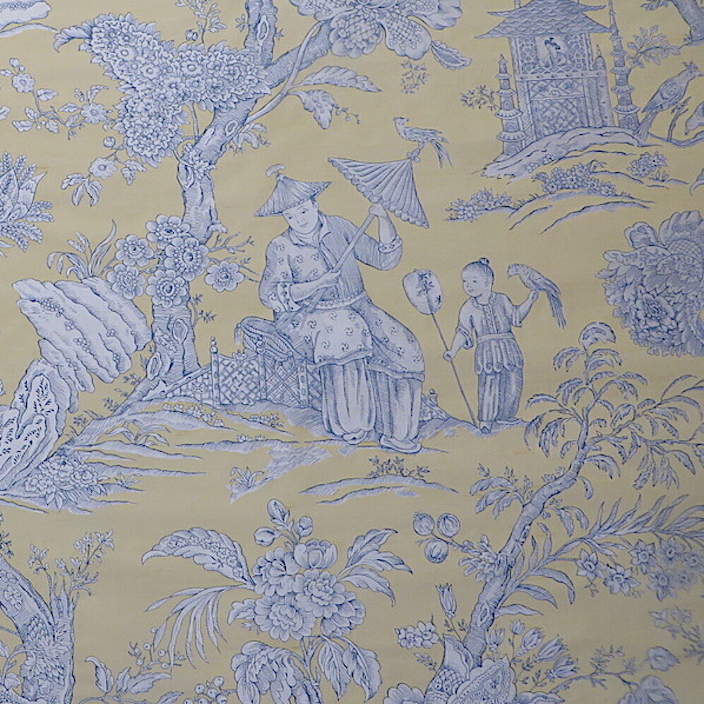 6.5 yards Yellow Blue Silk Dupioni Document Chinoiserie Toile Print