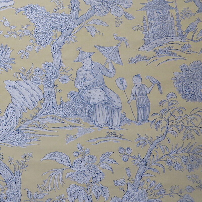 6.5 yards Yellow Blue Silk Dupioni Document Chinoiserie Toile Print