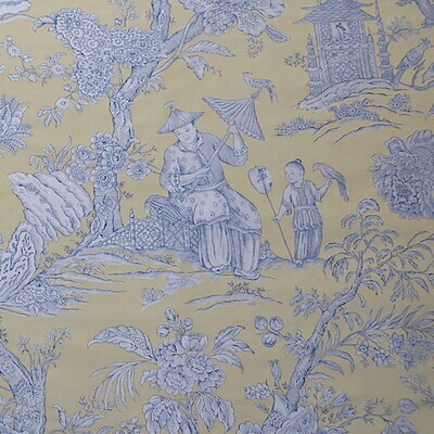 6.5 yards Yellow Blue Silk Dupioni Document Chinoiserie Toile Print