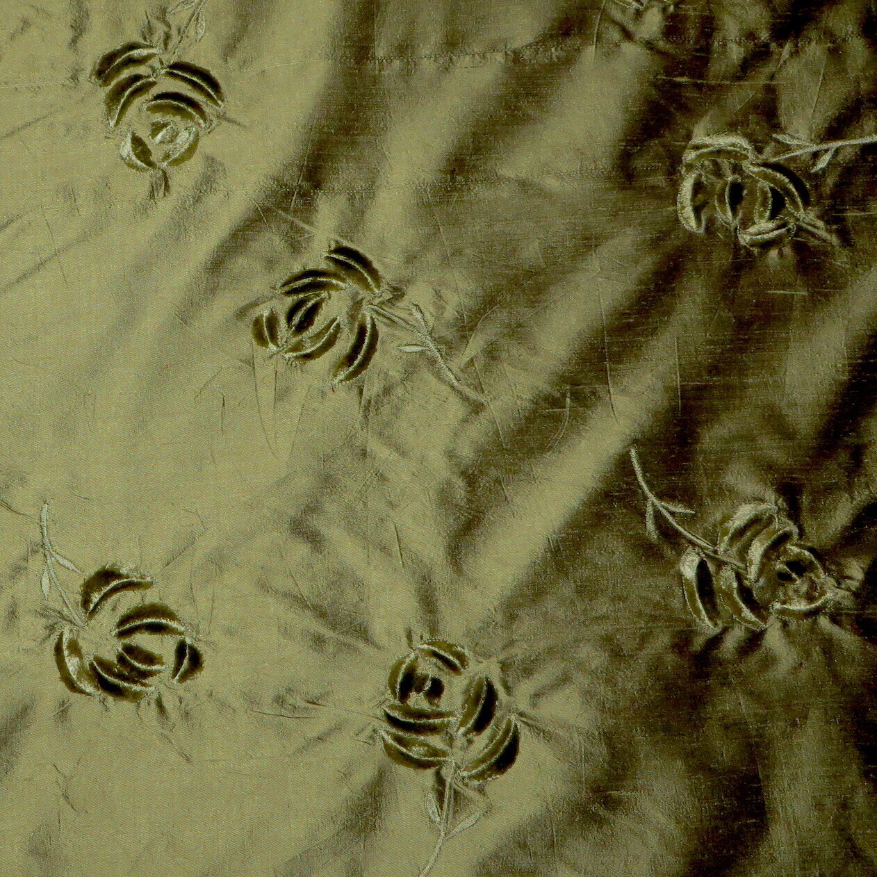 6 yds 100% Silk Olive Green Dupioni w/ Velvet Roses Dimensional Embroidery