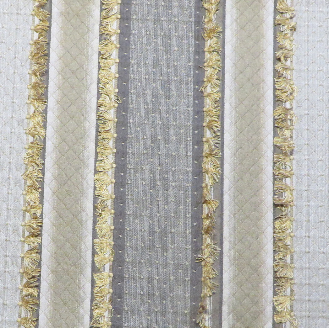 6.75 yds Fringed Novelty Fabric in Shades of Gray and Beige with Gold Trim