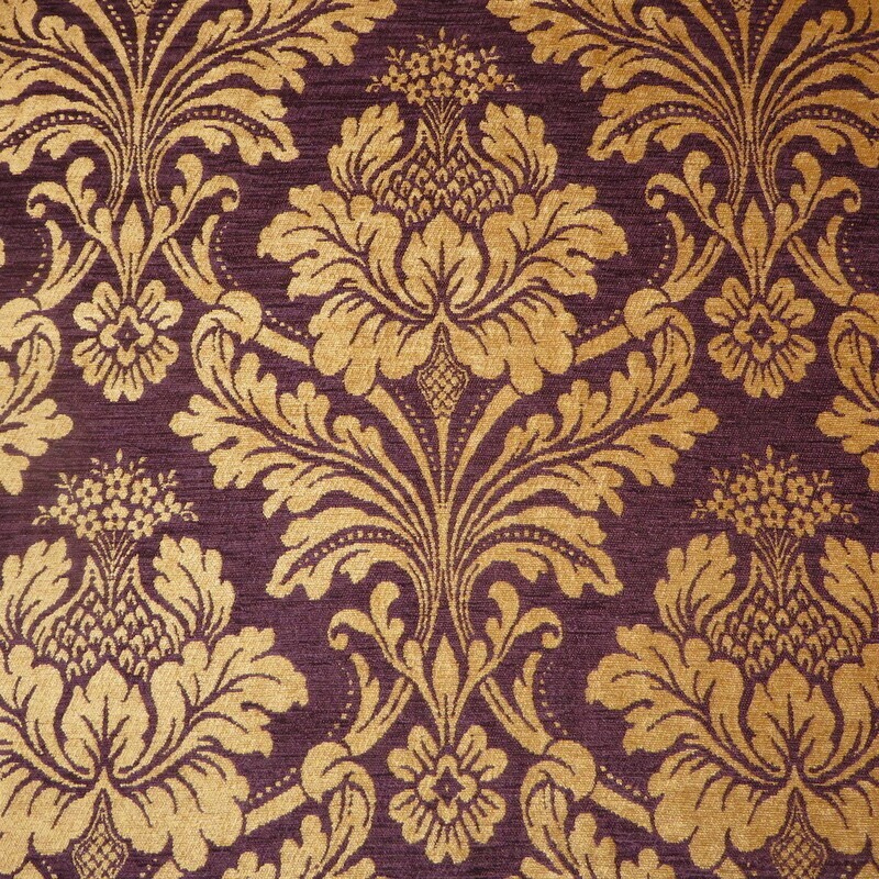 8 3/8 yds Thick Soft Rich Purple Gold Floral Damask Design Chenille
