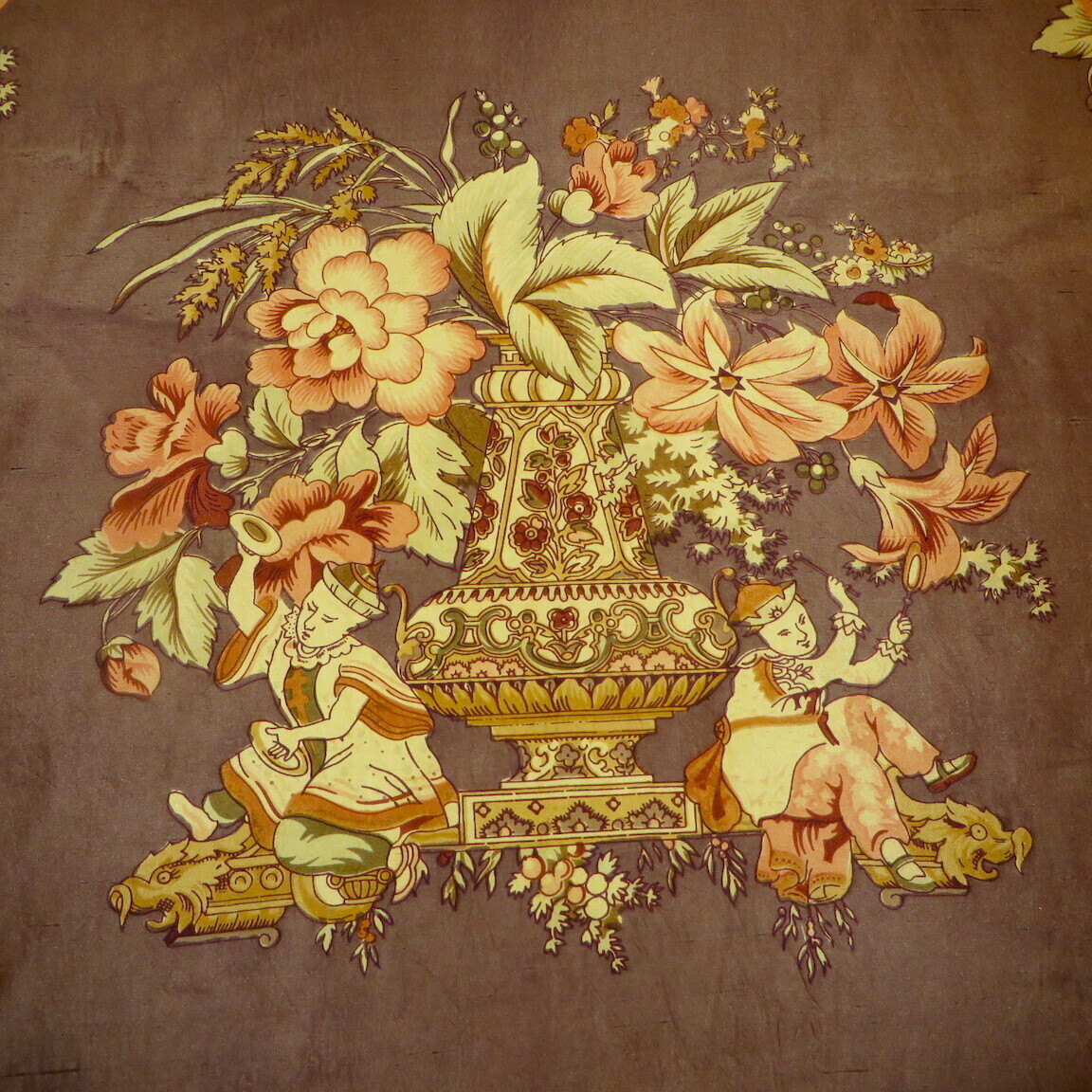 13 yards Milk Chocolate multi Rare New Vintage Chinoiserie 100% Silk Print