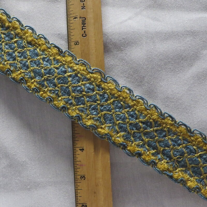 11 yds Velvety Chenille Metallic Accented Flat Braid Trim in Blue and Gold