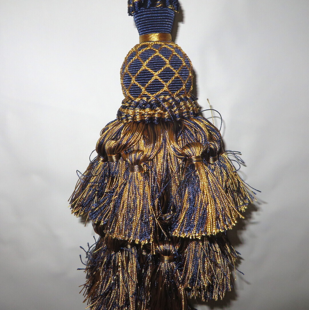 Single Ornate Scalamandre Blue Gold Multi Tassel Tieback