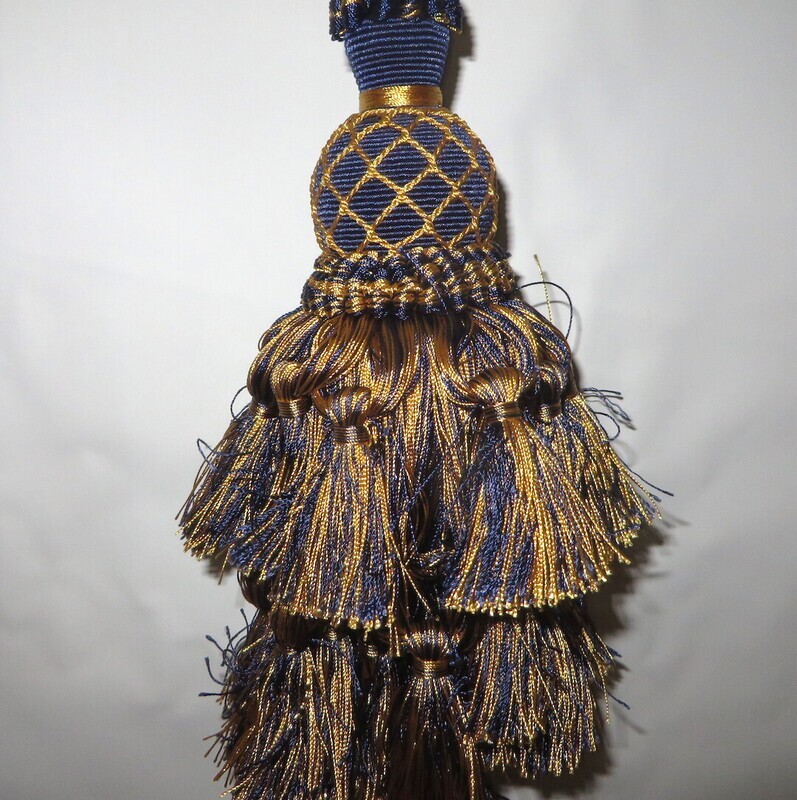 Single Ornate Scalamandre Blue Gold Multi Tassel Tieback