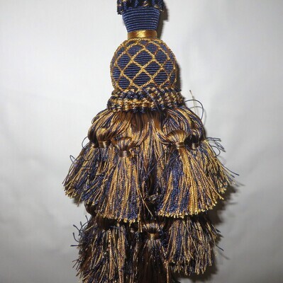 Single Ornate Scalamandre Blue Gold Multi Tassel Tieback