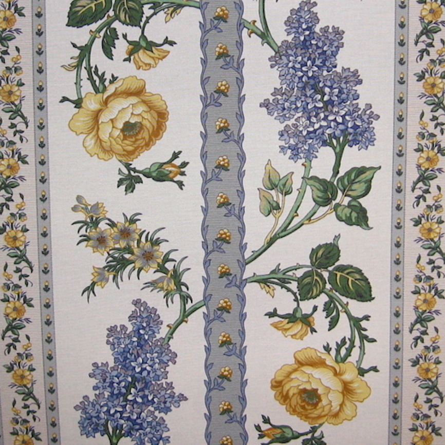 6.5 yds Schumacher French Blue Yellow Floral Stripe Cotton Print Fabric
