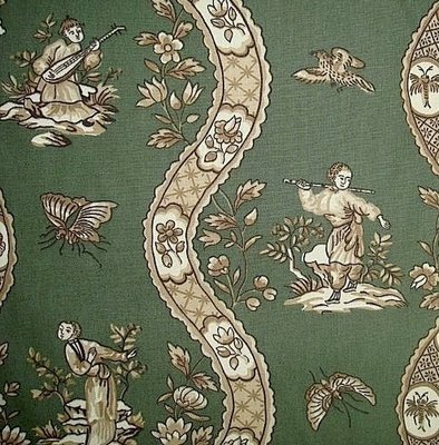 Historic Designer Olive French Chinoiserie Heavy Cotton Print Fabric