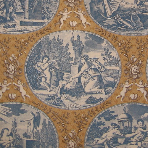 Lee Jofa 1700s Neoclassical Blue Gold Toile Wallpaper - Triple Roll Bolts Xwide