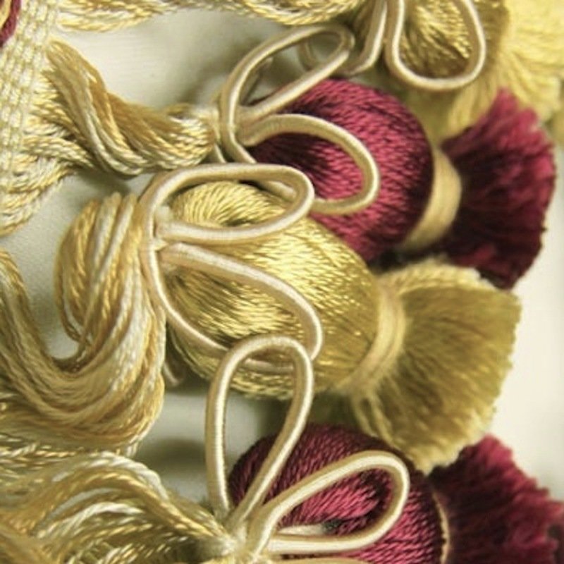 Special Purchase: Rich Burgundy &amp; Gold Fancy Thick Tied Tassel Fringe Trim BTY