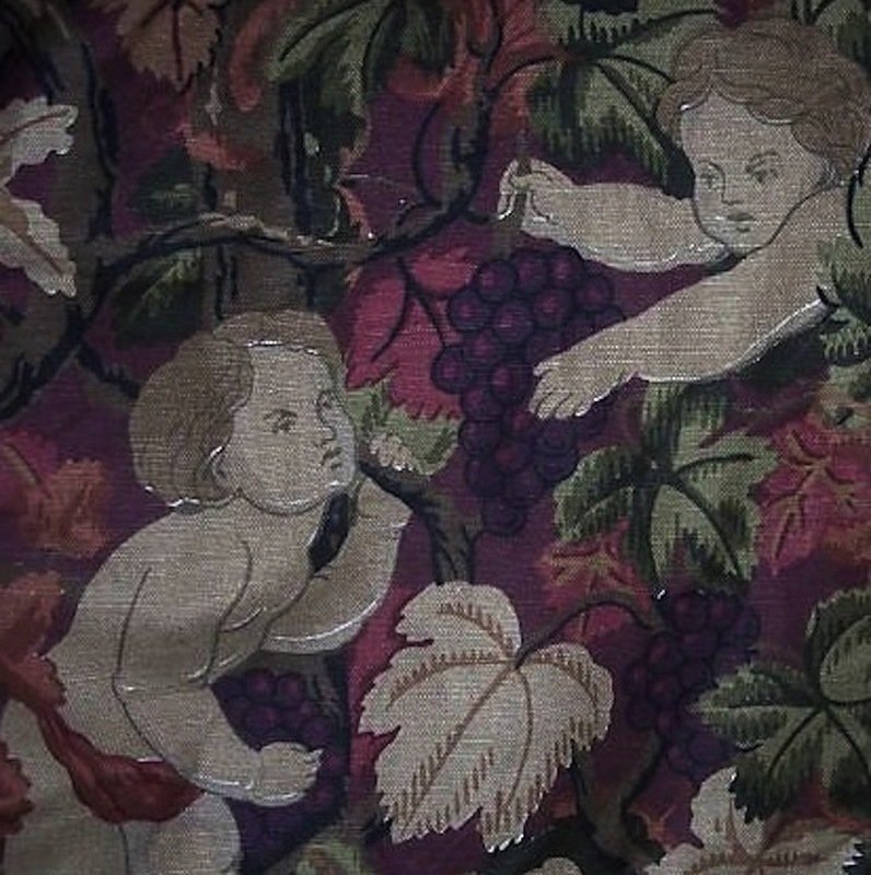 7.8+ yards 100% Linen Cherubs Grapes Bacchanal Handprinted Fabric