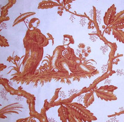 Superb 100% Silk Handprinted Chinoiserie Cinnabar Toile Designer Fabric