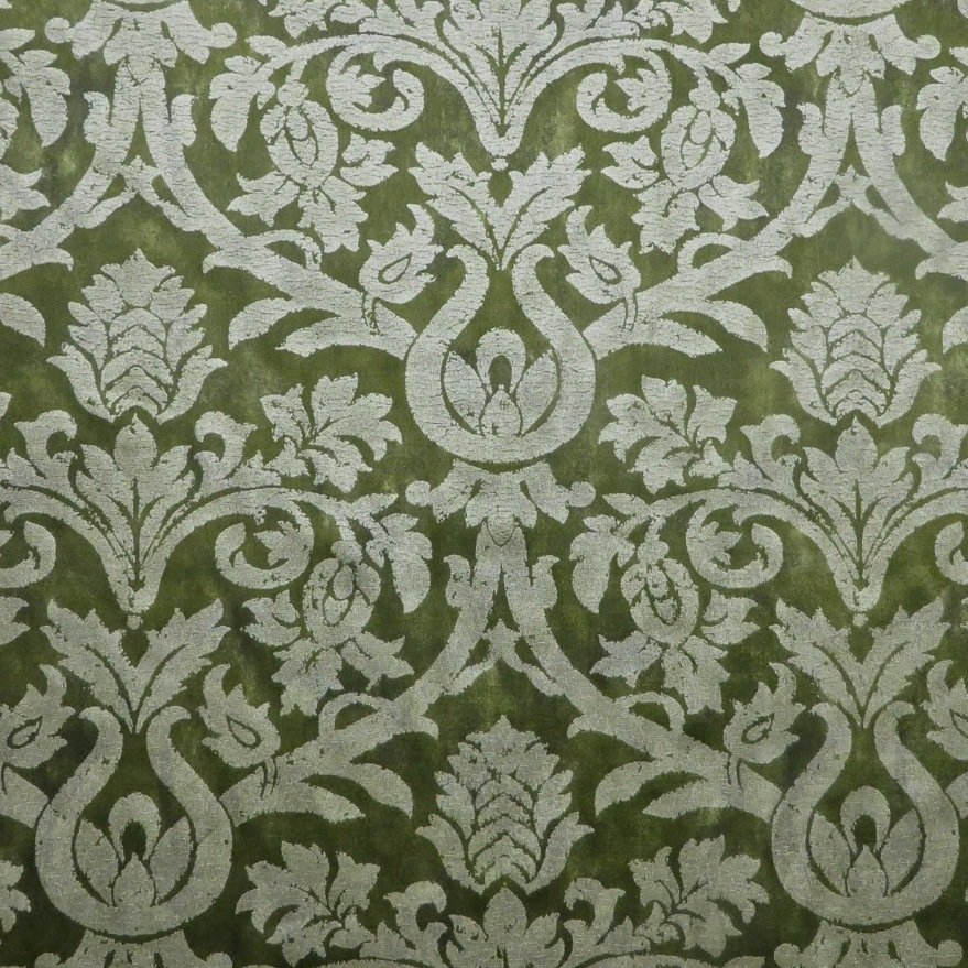 Best Buy! Fortuny Style Da Vinci Hand Printed Olive Stamped Damask Cotton Decorator Fabric