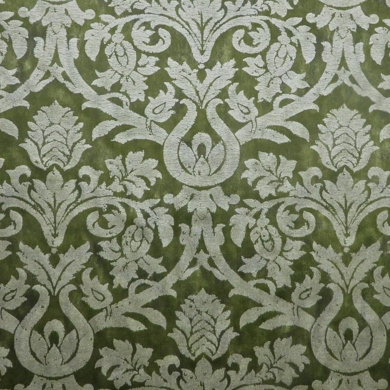 Best Buy! Fortuny Style Da Vinci Hand Printed Olive Stamped Damask Cotton Decorator Fabric