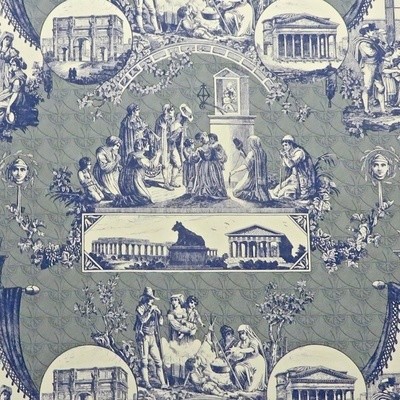 Grand Toile with Epic Neoclassical Scenes of Rome Italy Designer Decorator Fabric in Indigo