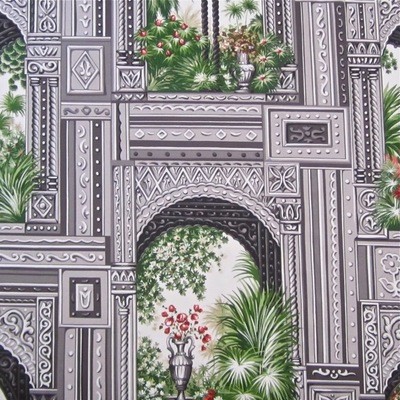 Exclusive New Vintage Schumacher Architectural Grisaille+Color Print Fabric