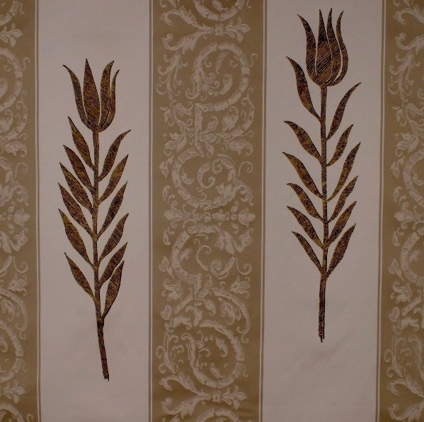 Designer Metallic Gold Accented Stylized Tulip Print on Damask Stripe Fabric