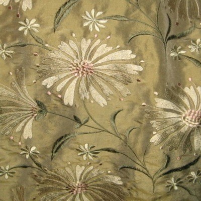 Embroidered Florals on 100% Silk Dupioni Fabric in Soft Neutrals on Olive
