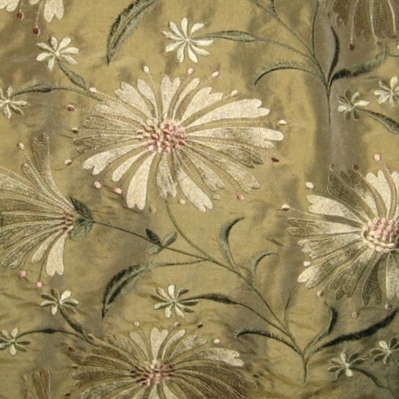 Embroidered Florals on 100% Silk Dupioni Fabric in Soft Neutrals on Olive