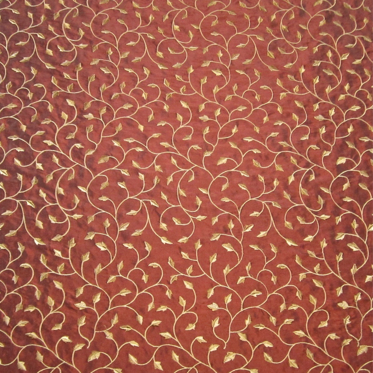 7.25 yds  Embroidered Foliage Leaves Taffeta Fabric in Tuscan Red and Gold
