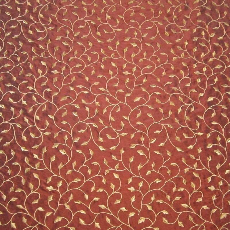 7.25 yds  Embroidered Foliage Leaves Taffeta Fabric in Tuscan Red and Gold