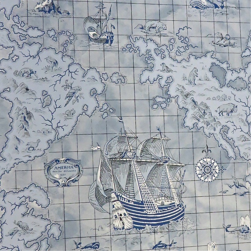 Antique Maps Ships Blue "The Americas" Wallpaper w/Border: 8 rolls on 2 bolts