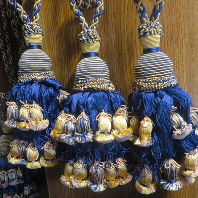 Ornate Scalamandre Blue Gold Multi Tassel Tiebacks (By the pair) Ornate Scalamandre Blue Gold Multi Tassel Tiebacks (By the pair)