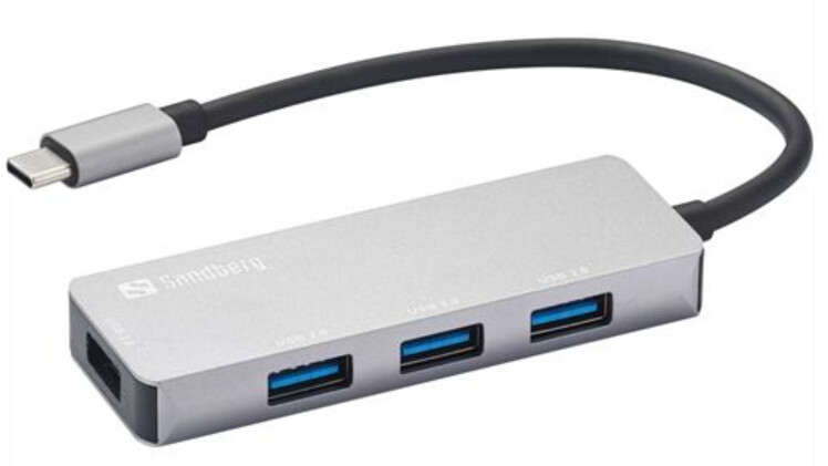 Sandberg External 4-Port USB-A Hub - USB-C Male, 1x USB 3.0, 3x USB 2.0, Aluminium, USB Powered