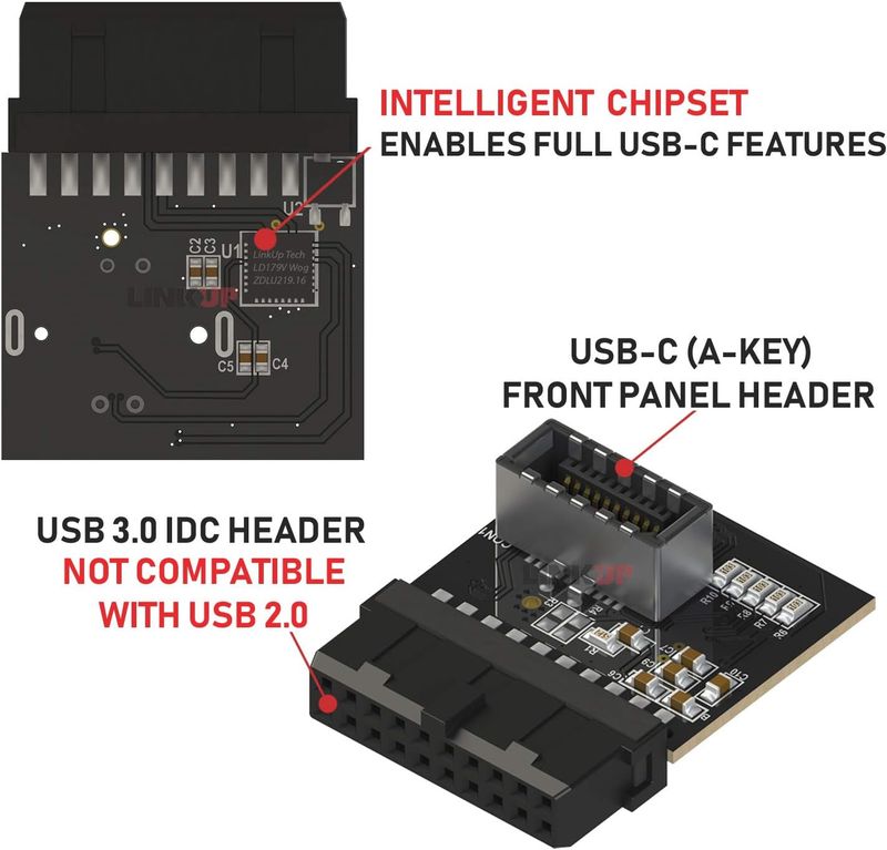 LINKUP - [Active Chip] USB 3.0 (3.2 Gen 1) Internal IDC 20 Pin Motherboard Header to A-Key (Type-E) 20 Pin Female Converter for Type C Panel Mount Adapter