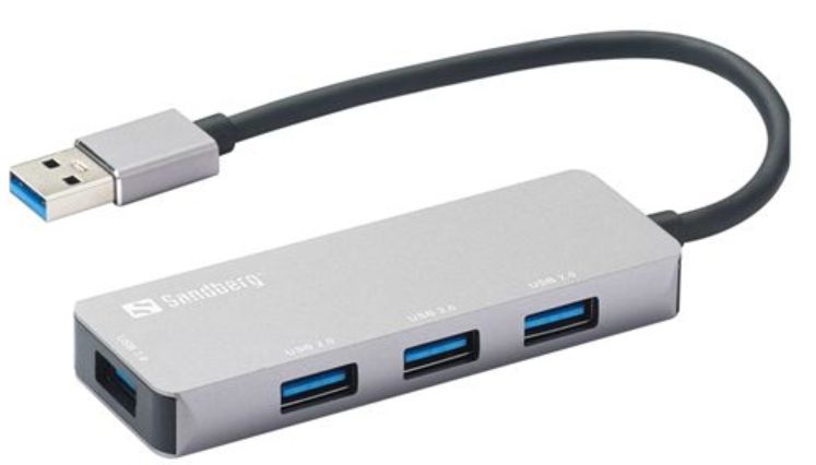 Sandberg External 4-Port USB-A Pocket Hub - USB-A Male, 1 x USB 3.0, 3 x USB 2.0, Aluminium, USB Powered