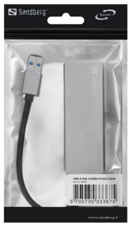 Sandberg External 4-Port USB-A Pocket Hub - USB-A Male, 1 x USB 3.0, 3 x USB 2.0, Aluminium, USB Powered