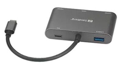 Sandberg (136-35) USB-C 5-in-1 Docking Station - USB-C (up to 100W), 2 x HDMI, VGA, USB-A, Aluminium