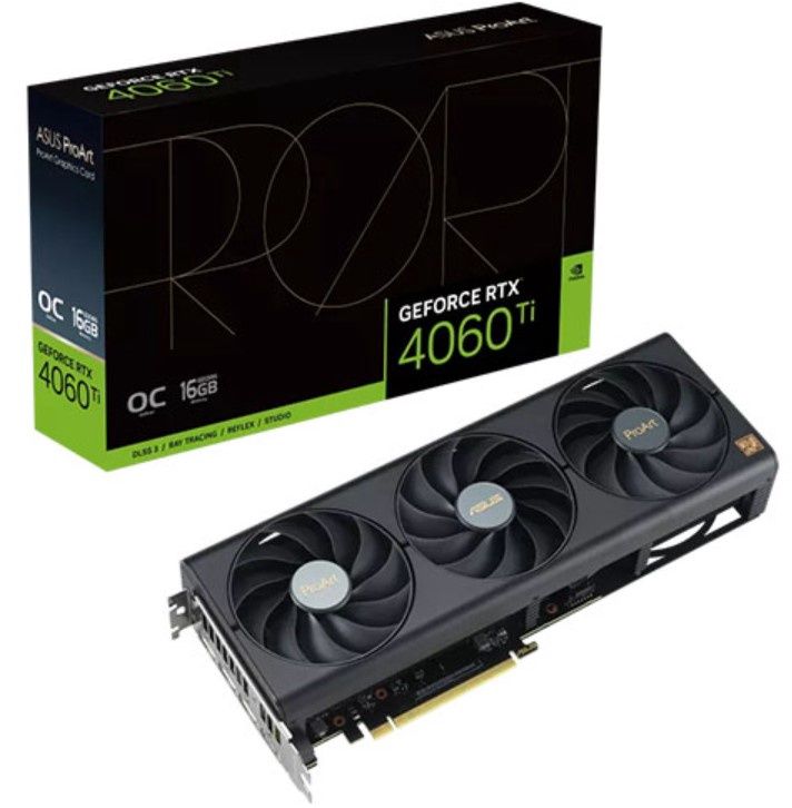 Asus ProArt RTX4060 Ti OC, PCIe4, 16GB DDR6, HDMI, 3 DP, 2685MHz Clock, Compact 2.5 Slot Frame, Overclocked