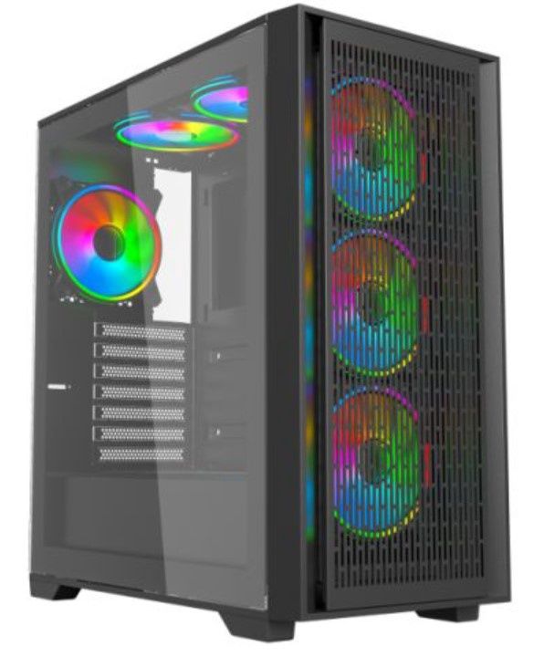 Vida Versa Black ARGB Gaming Case w/ Glass Side &amp; Glass/Mesh Front, ATX, 6x ARGB Fans, 6-Port Fan Hub &amp; Remote Control