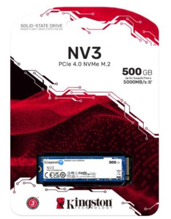 Kingston 500GB NV3 M.2 NVMe Gen4 SSD, M.2 2280, PCIe4, R/W 5000/3000 MB/s