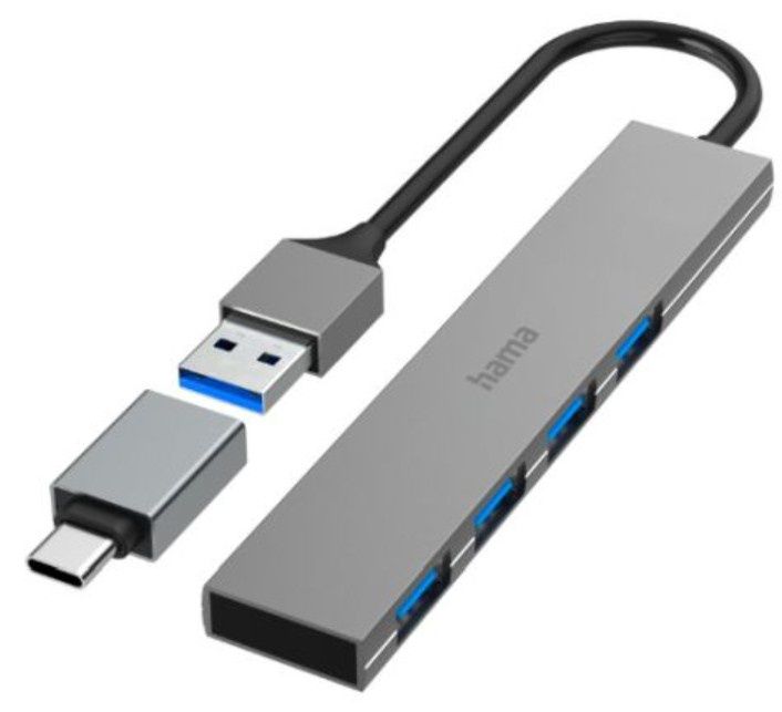 Hama Ultra-Slim External 4 Port 3.2 Gen1 Hub, 4x USB-A, USB Powered, USB-C Adapter