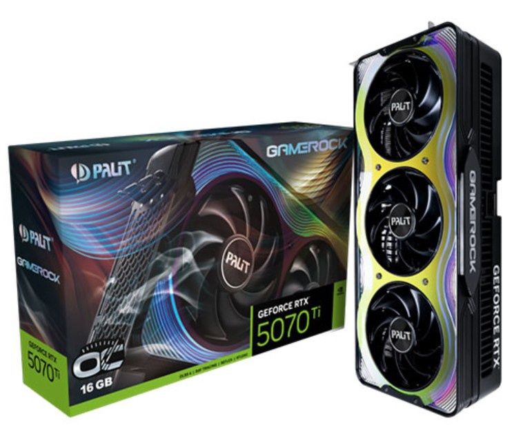 Palit GameRock RTX5070 Ti OC, PCIe5, 16GB DDR7, HDMI, 3 DP, 2512MHz Clock, RGB Lighting, Overclocked