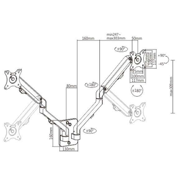 Gembird Adjustable wall 2-display mounting arm, 17”-27 ”, up to 7 kg - MA-WA2-01
