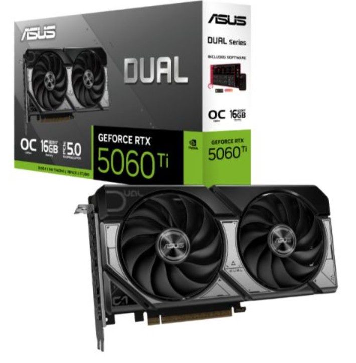 Asus DUAL RTX5060 Ti OC, PCIe5, 16GB DDR7, HDMI, 3 DP, 2632MHz Clock, Overclocked, Compact SFF-Ready