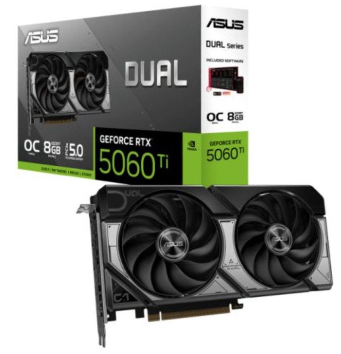 Asus DUAL RTX5060 Ti OC, PCIe5, 8GB DDR7, HDMI, 3 DP, 2632MHz Clock, Overclocked, Compact SFF-Ready