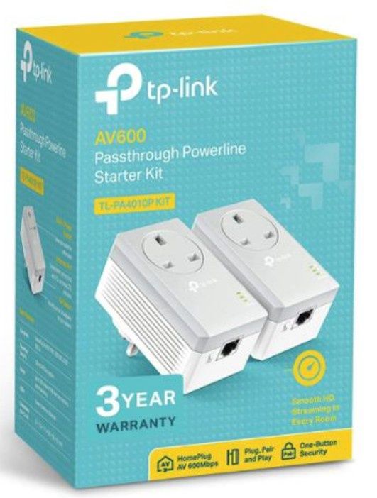 TP-LINK (TL-PA4010P KIT) AV600 10/100 Powerline Adapter Kit, 1-Port, AC Pass Through