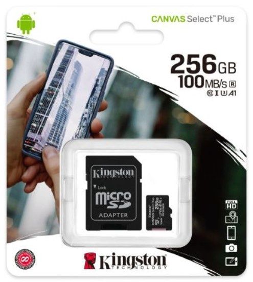 Kingston 256GB Canvas Select Plus Micro SDXC Card with SD Adapter, UHS-I Class 10, U3, A1 App Performance, 100MB/s